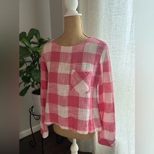 ANTHROPOLOGIE Cloth & Stone gingham pink white cottage linen shirt blouse top
